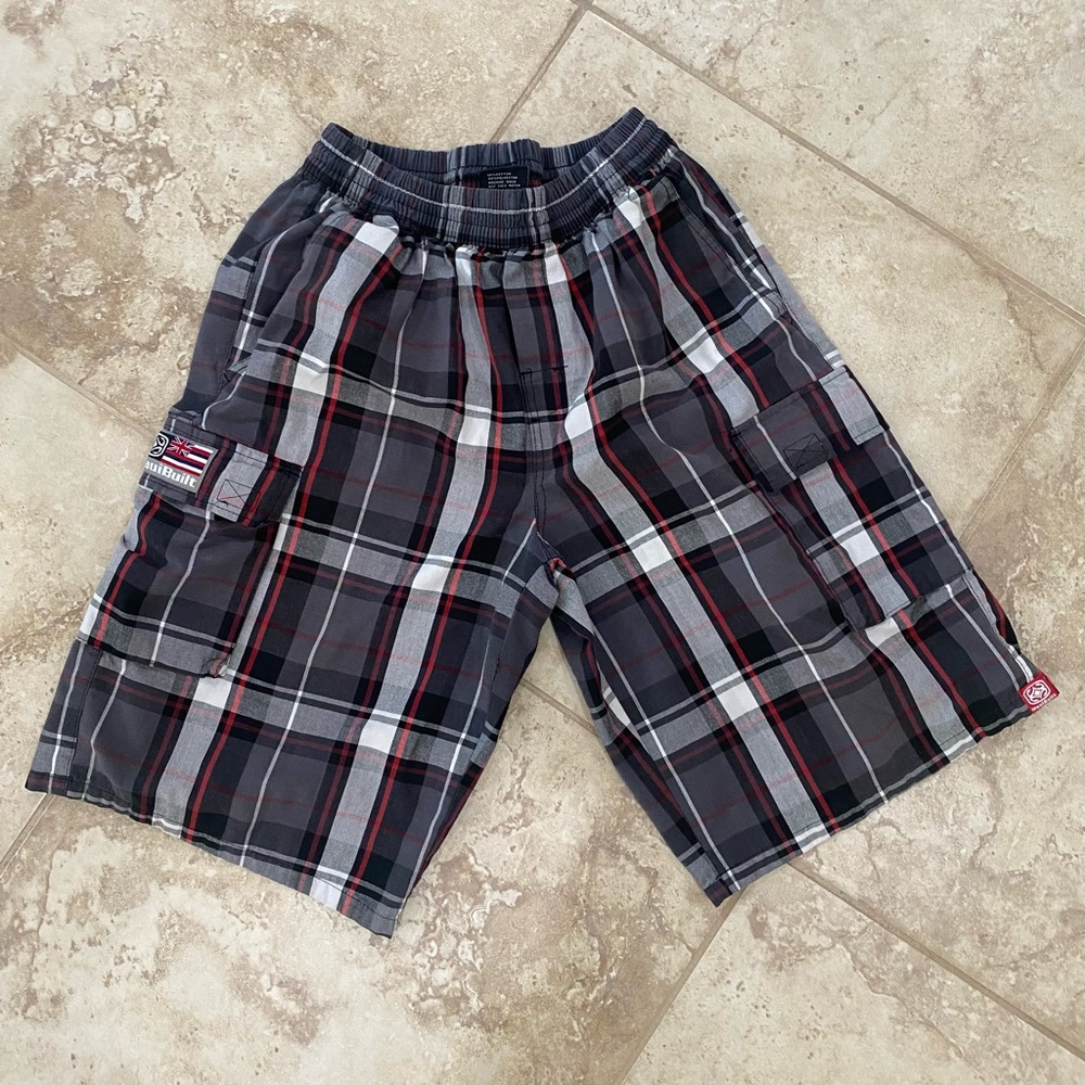 90’s Surf Style Maui Built Hawaii Long Plaid Baggy Cargo Shorts Stretch Waist